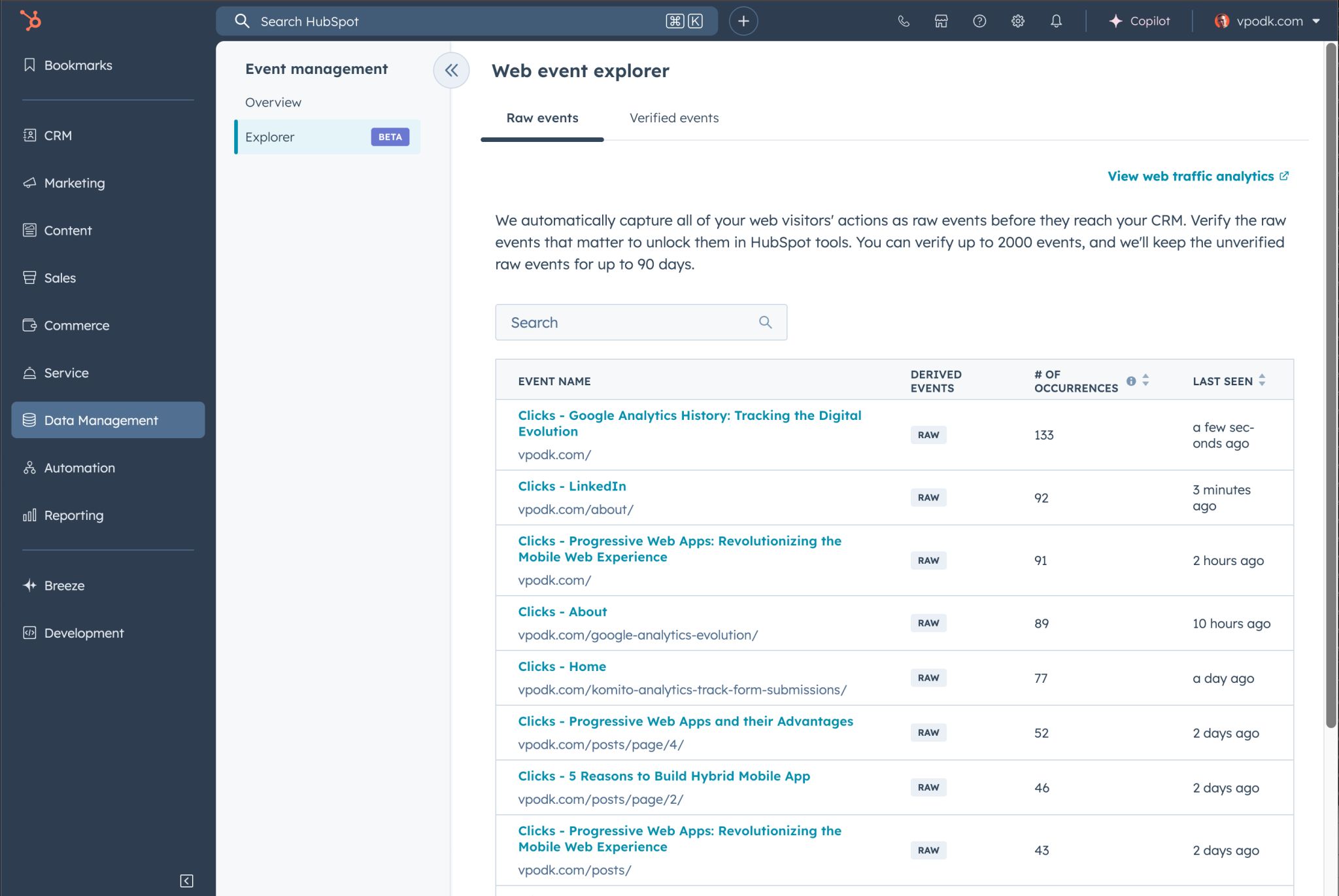 Screenshot: Event Explorer showing raw events recorded by HubSpot AutoCapture.